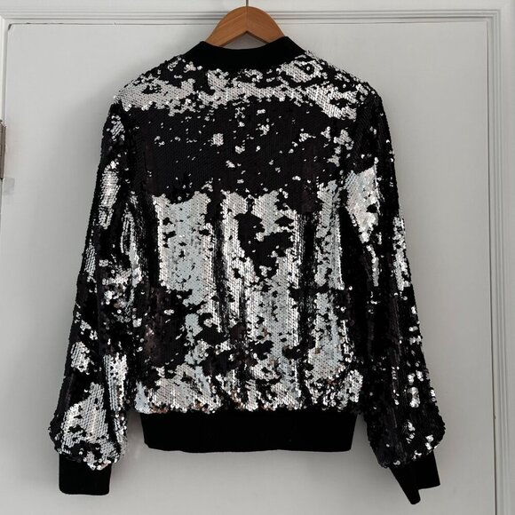 Women's‎ Socialite Sequin Bomber Jacket, Size Small Black Silver Glitter Excel - Picture 3 of 8
